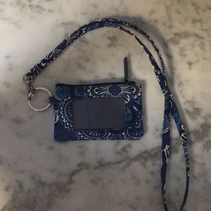 Blue and white Vera Bradley wallet with lanyard